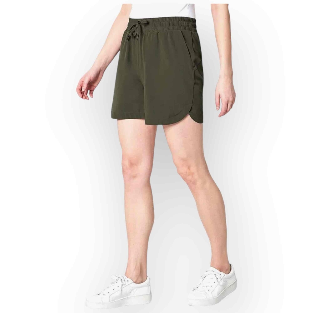 Mondetta Women Olive Green Moisture Wicking Woven Paper Bag Waist Shorts M 552M